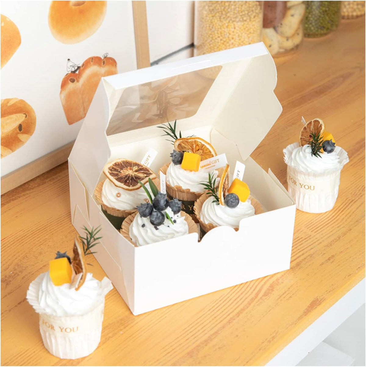 Cupcake Box 4er mit Inlay und Fenster - weiß